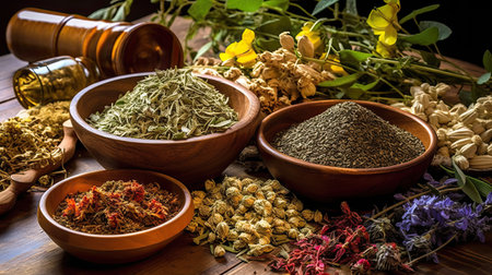 Herbs and spices on wooden table. Herbs and spices selection.の素材