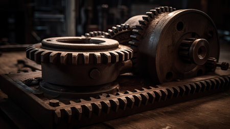 Old gears on the wooden table in the workshop. Toned.の素材
