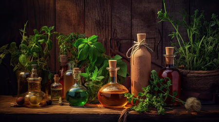 Herbs and spices on wooden background. Herbs and spices.の素材