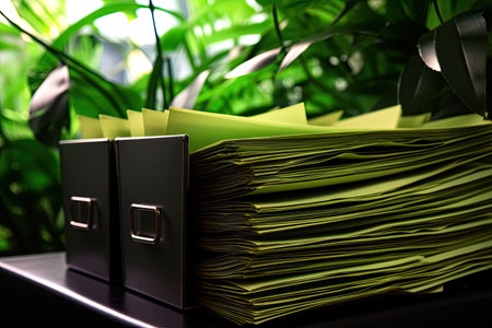 Office folders with papers on table, closeup. Business and finance conceptの素材