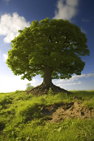 Beautiful old oak tree on the meadow with blue sky backgroundの素材