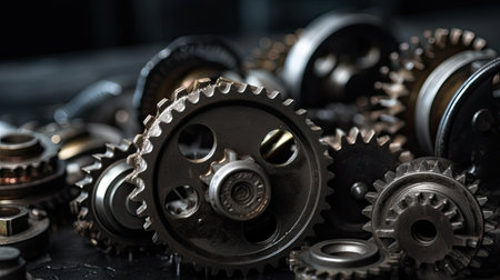 Steampunk mechanical gear wheels and cogwheels on dark background closeupの素材