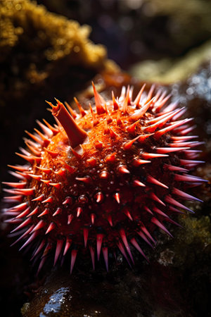 Sea urchin on the rocks. Selective focus. Shallow depth of fieldの素材