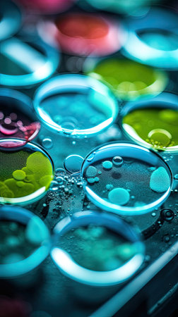 Laboratory glassware with blue and green liquid. Close up.の素材