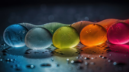 Macro of colorful marbles on wet glass surface with water dropsの素材