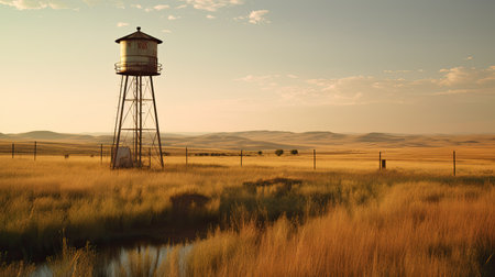Sunset in the prairie with a water tower in the foregroundの素材