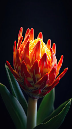 Beautiful red and orange protea flower isolated on black background.の素材