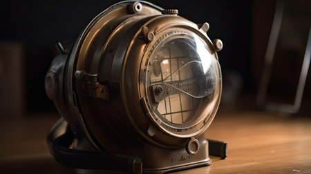 Vintage alarm clock on a wooden table. Selective focus.の素材