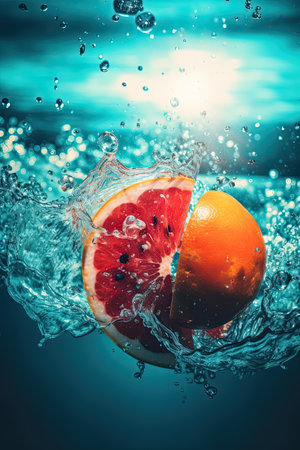 Grapefruit falling into water with splashes on a blue backgroundの素材