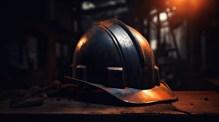 Metal helmet on a workbench in a factory. Selective focus.の素材