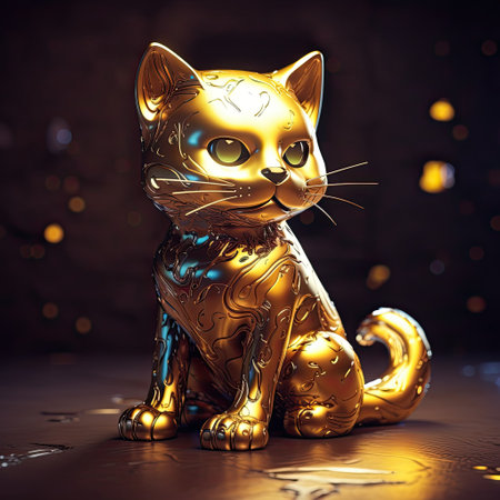 Golden cat sitting on the floor with bokeh background. 3d renderingの素材