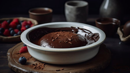 Chocolate fondant with fresh berries in ceramic bowl on wooden backgroundの素材