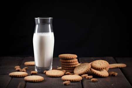 Glass of milk and cookies on a wooden table. Dark background.の素材