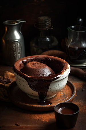 Chocolate Souffle in ceramic bowl on dark wooden background.の素材