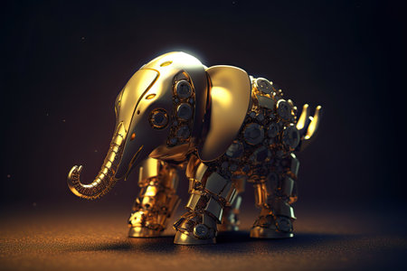 3d illustration. Golden metallic elephant on a dark background with bokeh.の素材