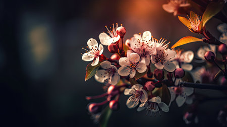 Beautiful blooming branch of cherry on a dark background. Toned.の素材