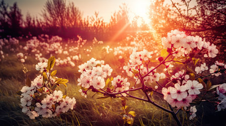Beautiful cherry blossom in the garden at sunset. Spring backgroundの素材