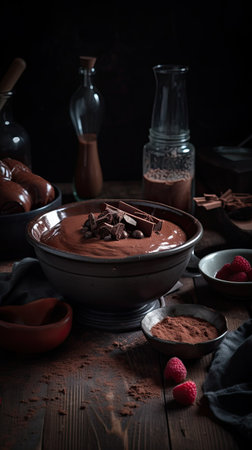 Chocolate mousse in a ceramic bowl on a dark wooden backgroundの素材