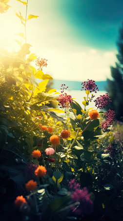 summer flowers on the background of the lake. tinted photoの素材