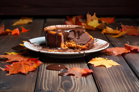 Piece of chocolate cake on plate with autumn leaves on wooden backgroundの素材