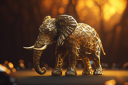 Elephant figurine made of golden metal. 3D illustration.の素材