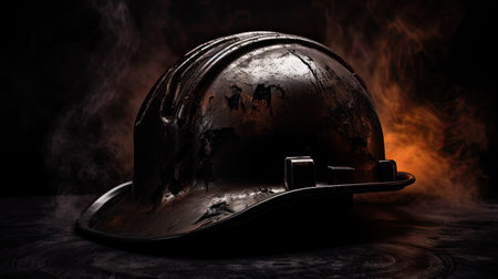 Firefighter helmet on a dark background with smoke and fire. 3d renderingの素材