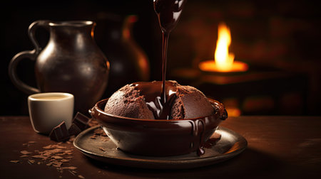Chocolate Souffle in a ceramic bowl on a dark backgroundの素材