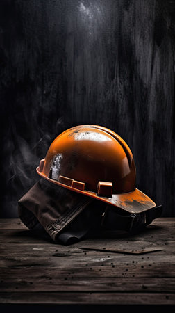 helmet of a firefighter on a wooden table against a dark backgroundの素材