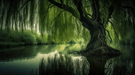 Willow reflected in the lake in a misty day. Toned.の素材