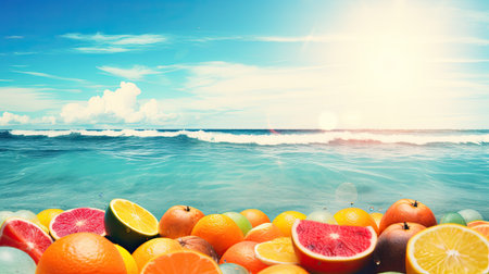 Citrus fruits on the beach with sea and sky background.の素材