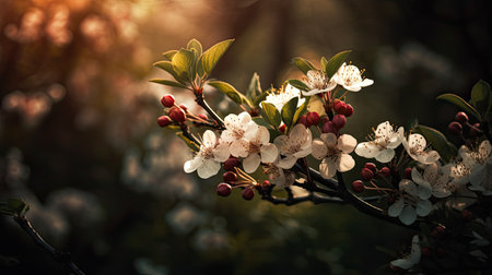 Blossoming branch of cherry in the rays of the setting sunの素材