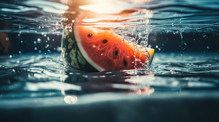 Watermelon in the water with splashes and drops of water.の素材