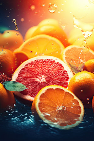Fruit mix with water drops on a dark blue background. Orange, lemon, grapefruit.の素材