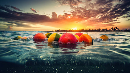 Fruit floating in the sea at sunset. Colorful summer landscape.の素材