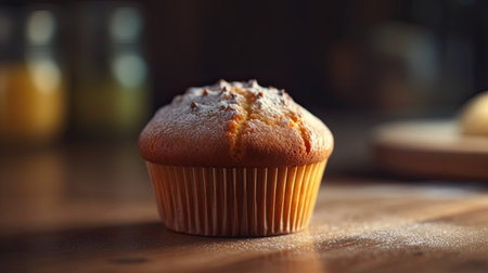 Homemade muffin on a wooden table in a bakery. Selective focus.の素材