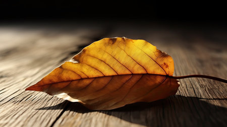 Autumn leaf on a wooden table. Autumn background. Selective focus.の素材