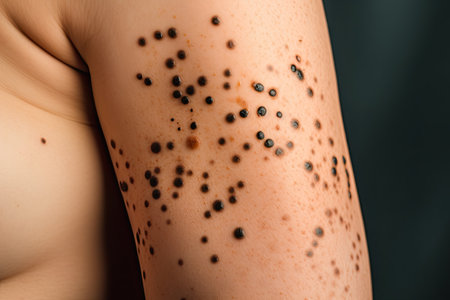 Spores on the skin of a young woman. Skin problem.の素材