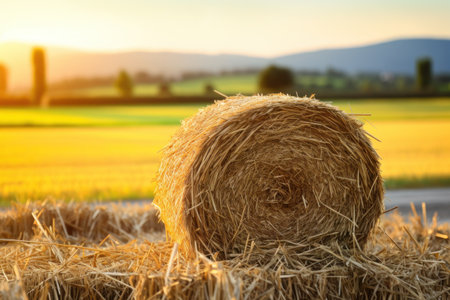 Straw bales on field in Tuscany, Italy at sunsetの素材