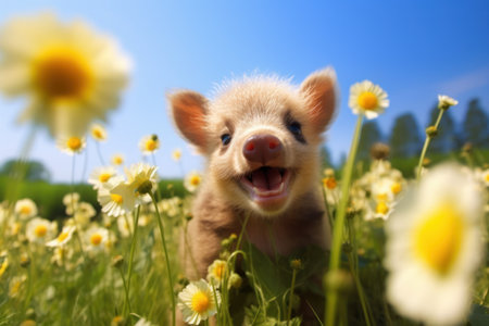 Cute little piglet in the meadow with daisiesの素材