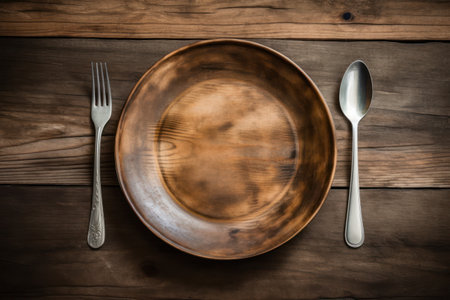 Empty plate with spoon and fork on wooden table. Top view.の素材