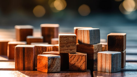 Wooden blocks on a wooden table. Abstract background with copy space.の素材