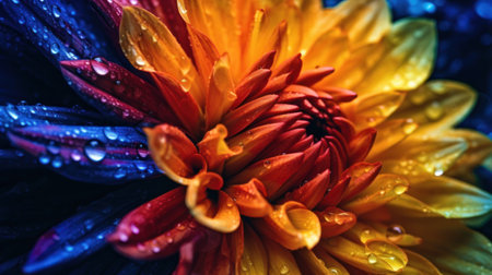 Colorful dahlia flower with water drops on petals close upの素材