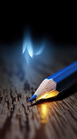 Blue pencil on a wooden table with a burning candle in the backgroundの素材