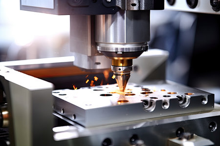 The CNC milling machine cutting the metal part with the sparking light. The hi-technology mold and die manufacturing process.の素材