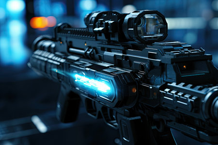 Close up of futuristic laser gun on blurred background. 3D renderingの素材