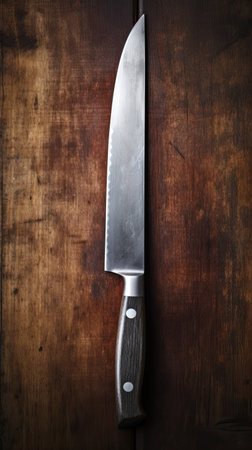 Kitchen knife on a wooden background. Selective focus. Toned.の素材