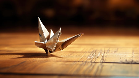 Paper origami bird on wooden table. Shallow depth of field.の素材
