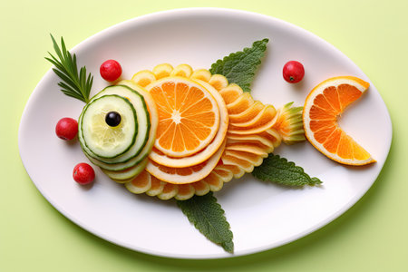 Funny food made of fruits and vegetables on plate, closeupの素材