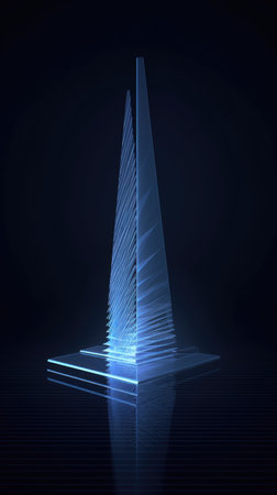 3d rendering of a skyscraper in blue light on a dark backgroundの素材