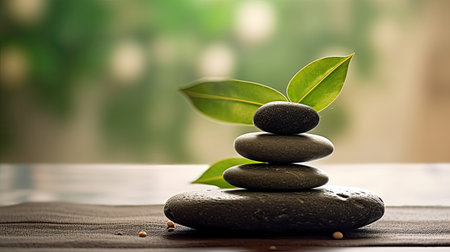zen stones with green leaf on wooden table, spa and wellness conceptの素材